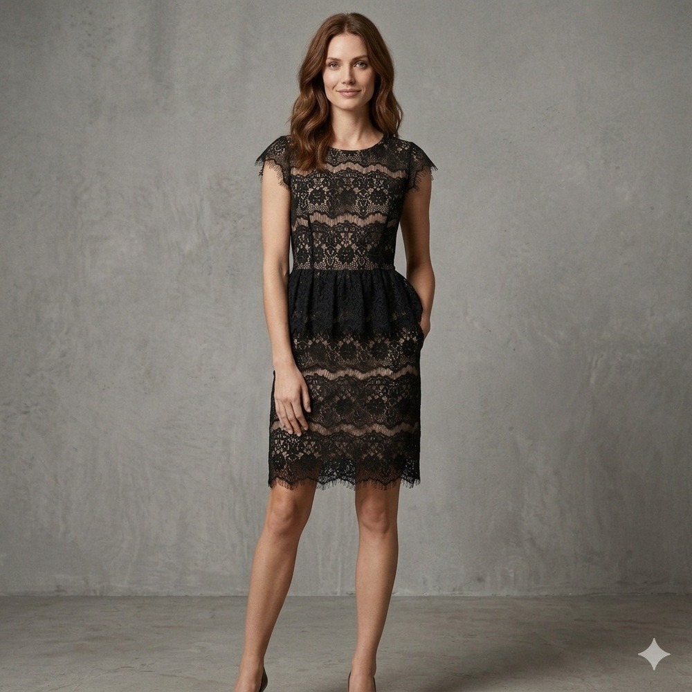 Maeve Anthropologie Black Floral Lace‎ Peplum Dress Small Cap Sleeve Tan Lining